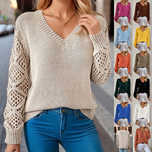 Loose Hollow Knitted Sweater Long-sleeved Pullover V-neck Top