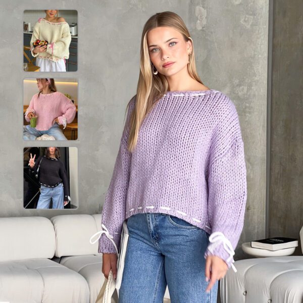 Bowknot Pullover Sweater Fashion Y2K Long Sleeve Loose Knitted Top