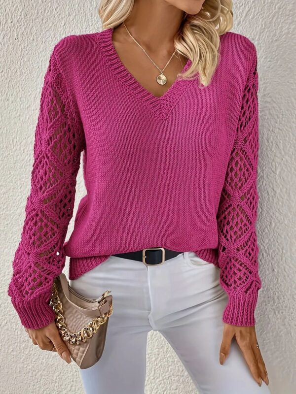 Loose Hollow Knitted Sweater Long-sleeved Pullover V-neck Top - Image 9