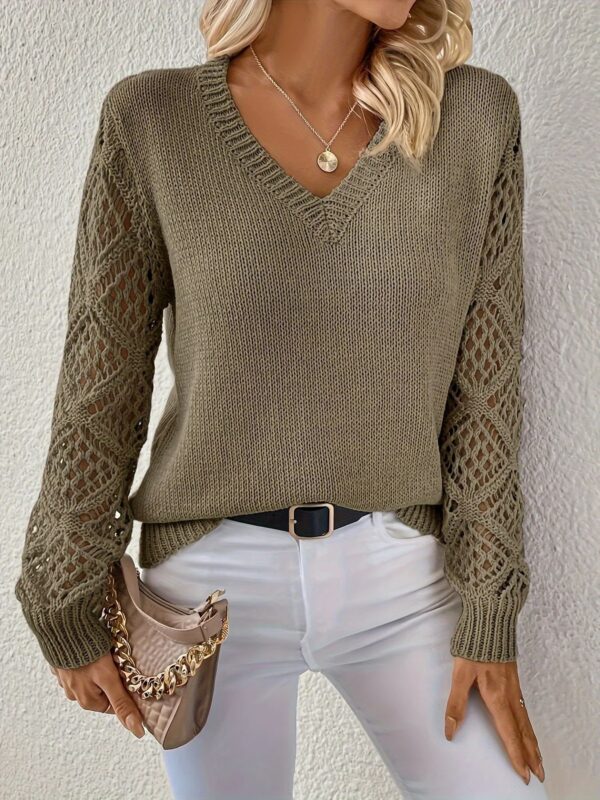 Loose Hollow Knitted Sweater Long-sleeved Pullover V-neck Top - Image 6