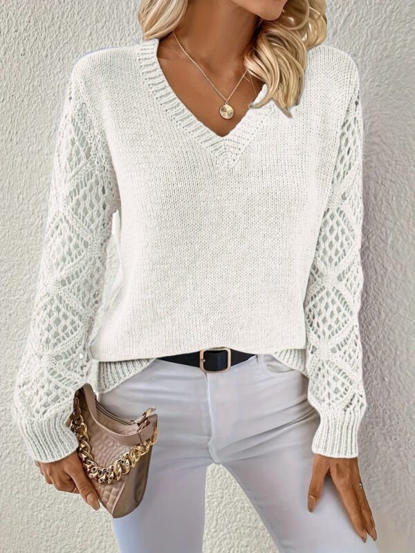 Loose Hollow Knitted Sweater Long-sleeved Pullover V-neck Top - Image 4