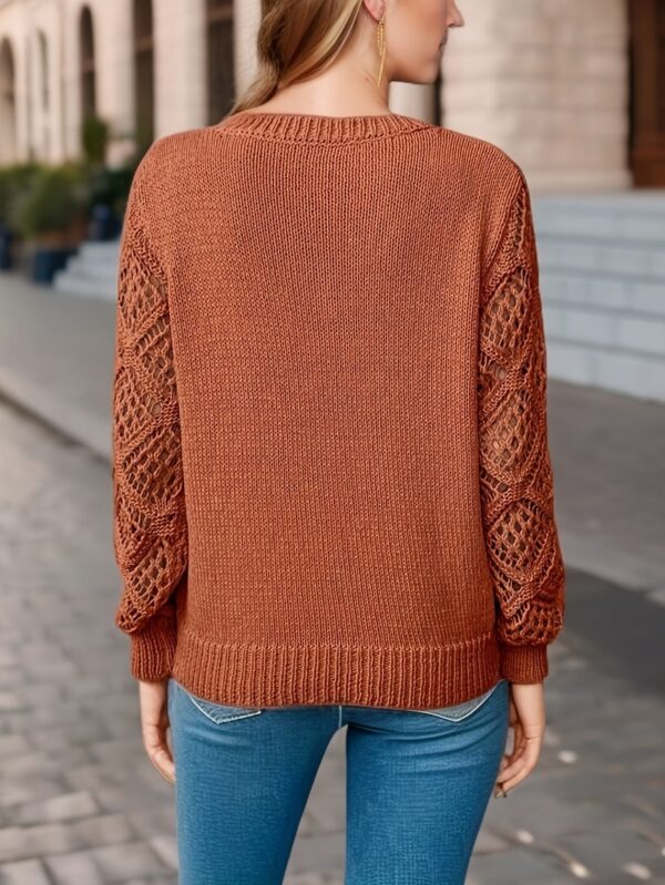 Loose Hollow Knitted Sweater Long-sleeved Pullover V-neck Top - Image 3