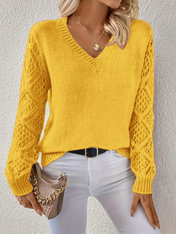 Loose Hollow Knitted Sweater Long-sleeved Pullover V-neck Top - Image 10